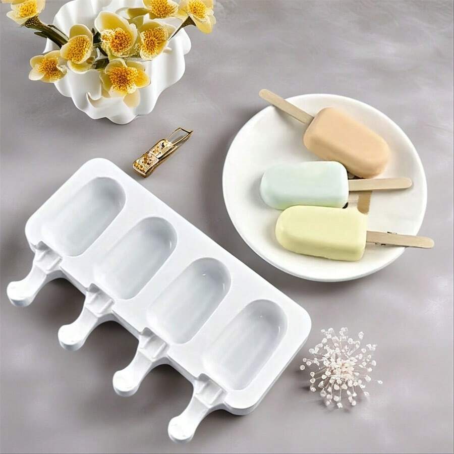 1pc 4 Cavity Ice Candy Mold Ice Cream Model Ice Cream Mousse Silicone Mold DIY Pudding Ice Candy Ice-Cream Mold Cake Baking Mold Candy Chocolate Popsicle Mold