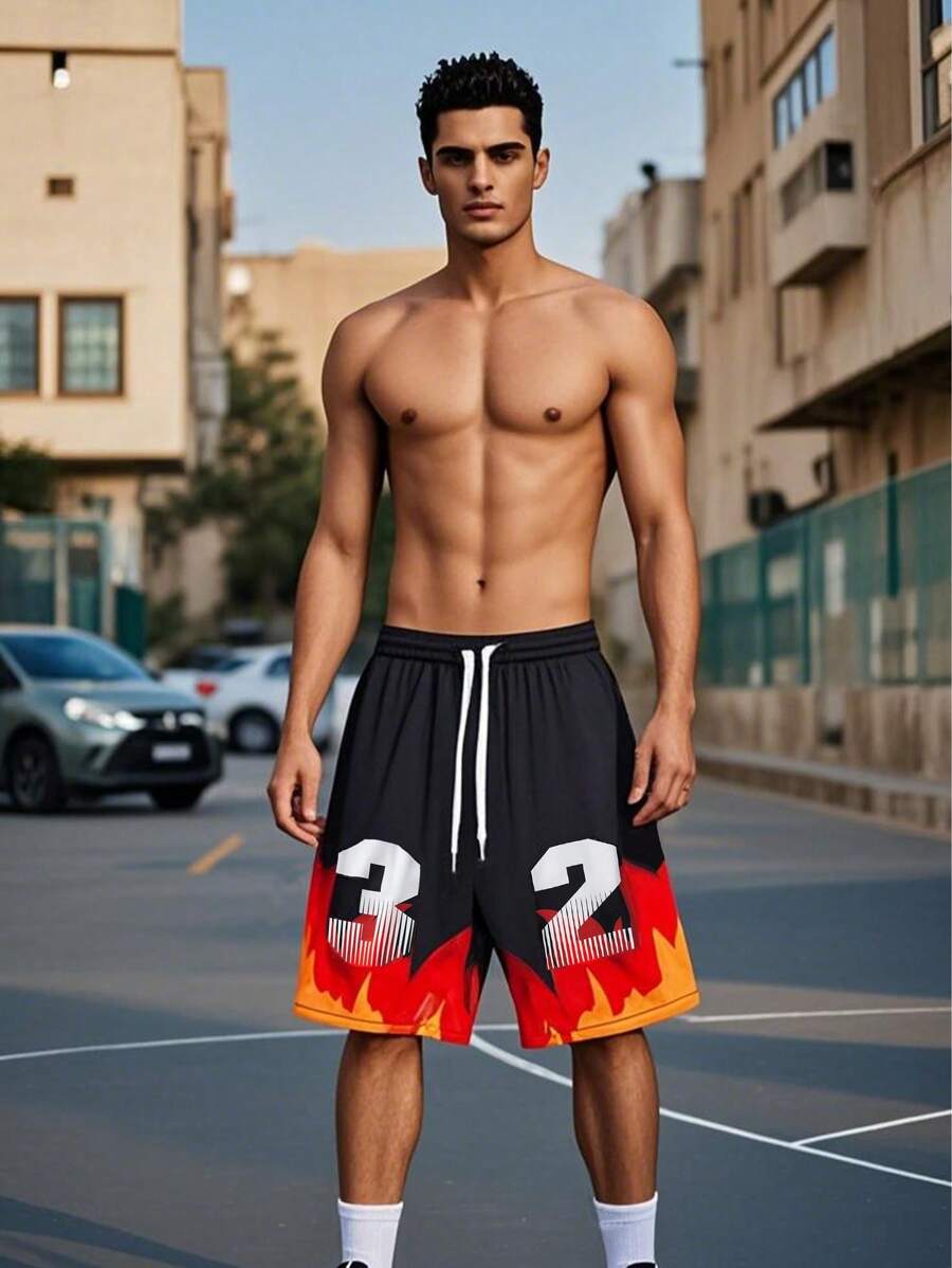 Black And Gold Flame Graphic Basketball Shorts, Size 32, Breathable Quick-Dry Fabric, Fashionable Sports Shorts Suitable For Summer Cooling, A Powerful Weapon On The Court And Street Fashion Leader