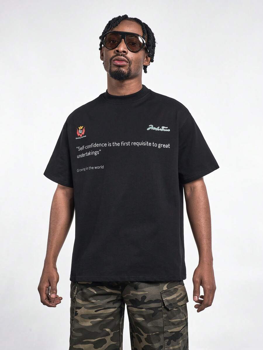 MT99 Amerykański napis Letter Print Okrągły Dekolt Szybko Schnący Oddychający T-shirt, Modny Ciężki Casual Top, Kolor Czarny