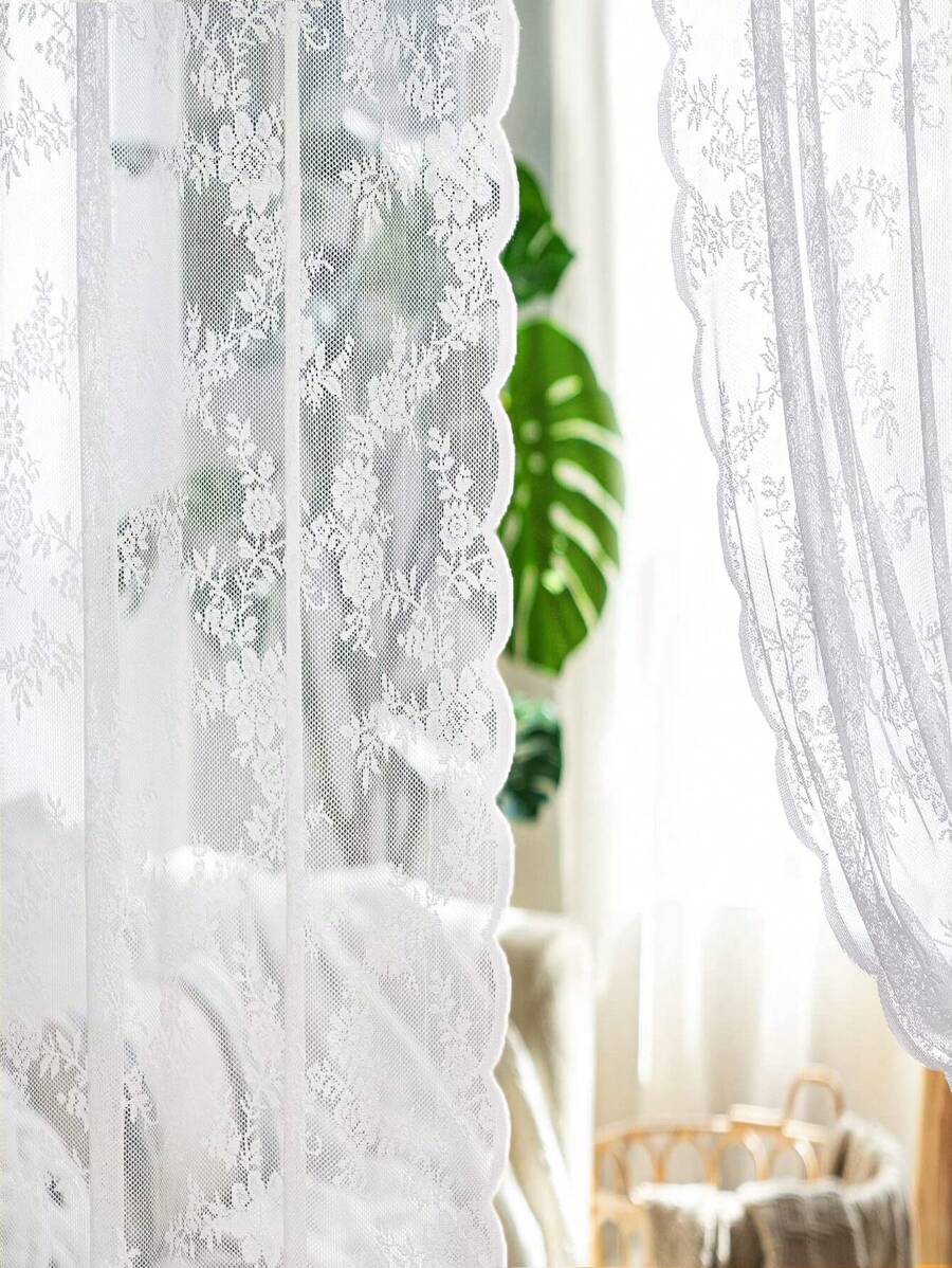 1pc White Floral Lace Sheer Curtain, Modern Minimalist Polyester Jacquard Window Curtain Suitable For Living Room, Bedroom, Outdoor Party, Home Use
