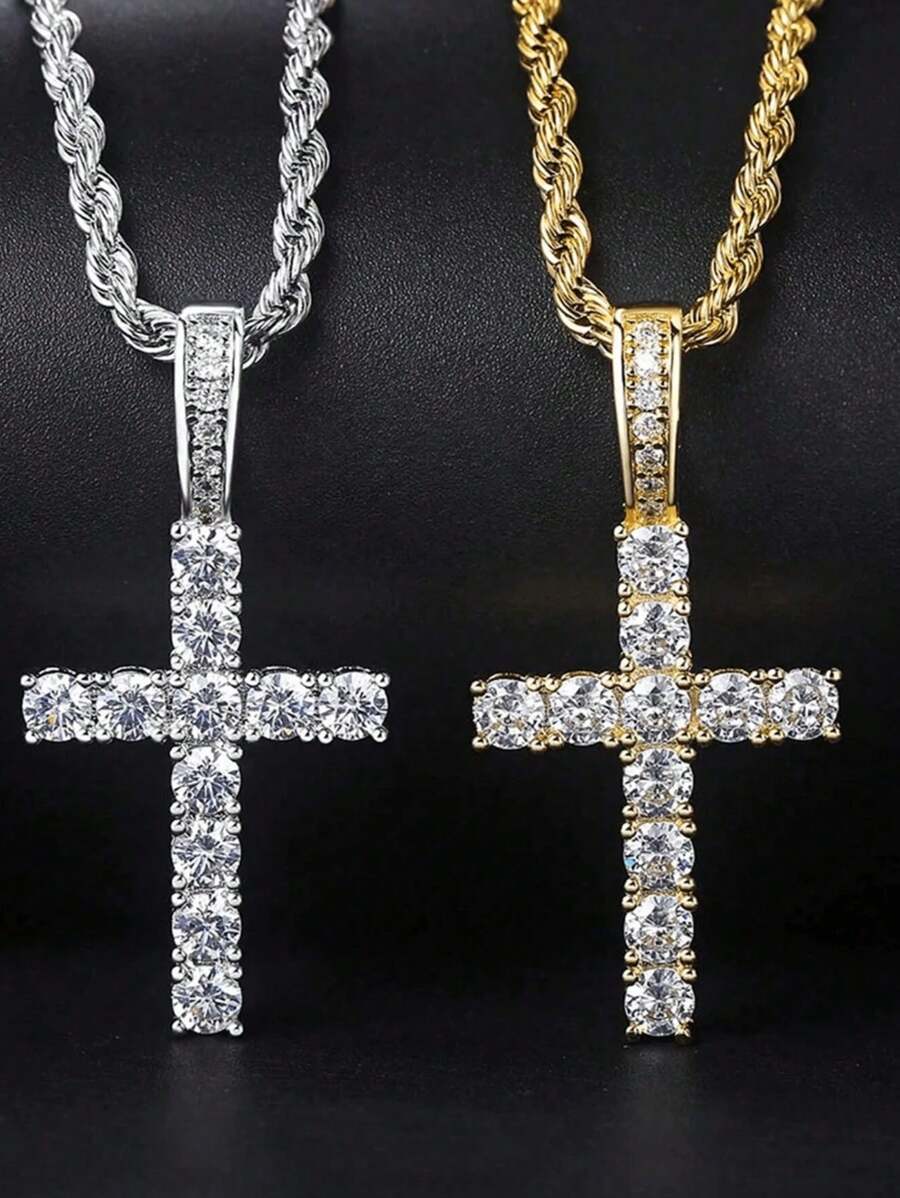 Colar de corrente trançada com pingente de cruz de microdiamante de luxo de luxo de alto nível, unissex, presente ideal para o dia das mães, dia dos namorados, feriado de ano novo