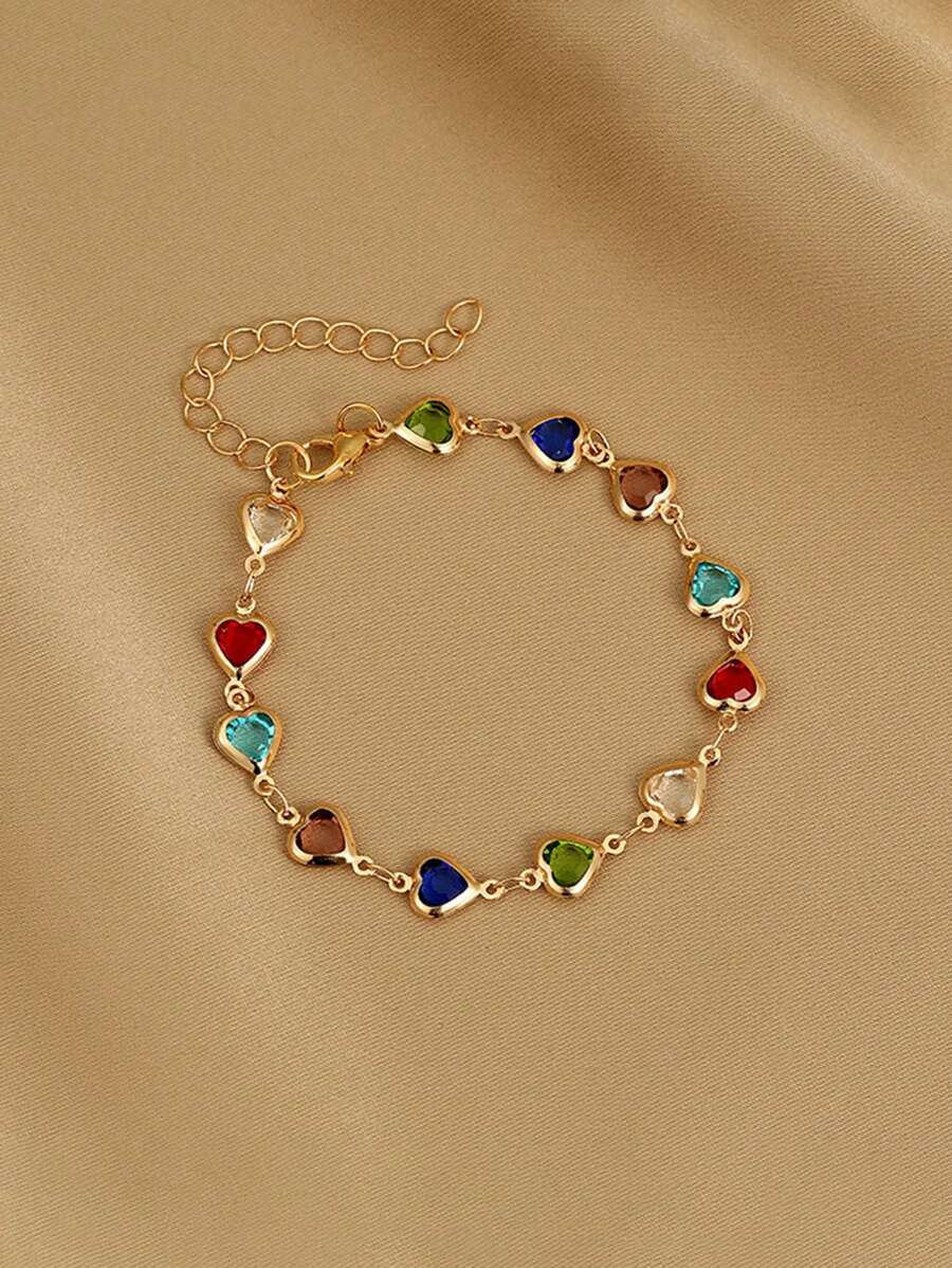 1 Stück buntes Glitzer-Herz-Design Armband aus kubischem Zirkonia, für Mädchen geeignet für tägliche Partys, Urlaubsgeschenk