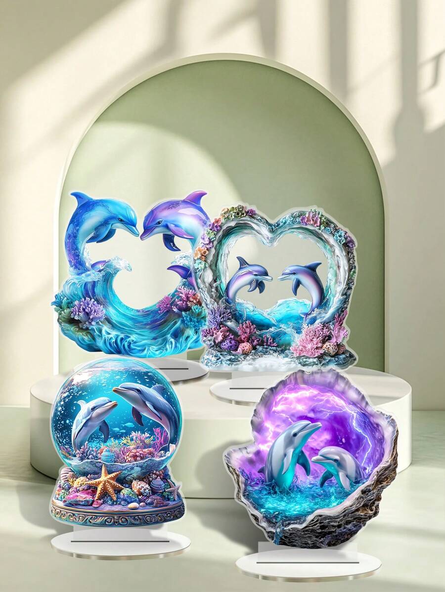 1pc Colorful Acrylic Dolphin Decorative Figurine, Desk Decor For Living Room, Bedroom, Home Decor Cartoon Dolphin Stand