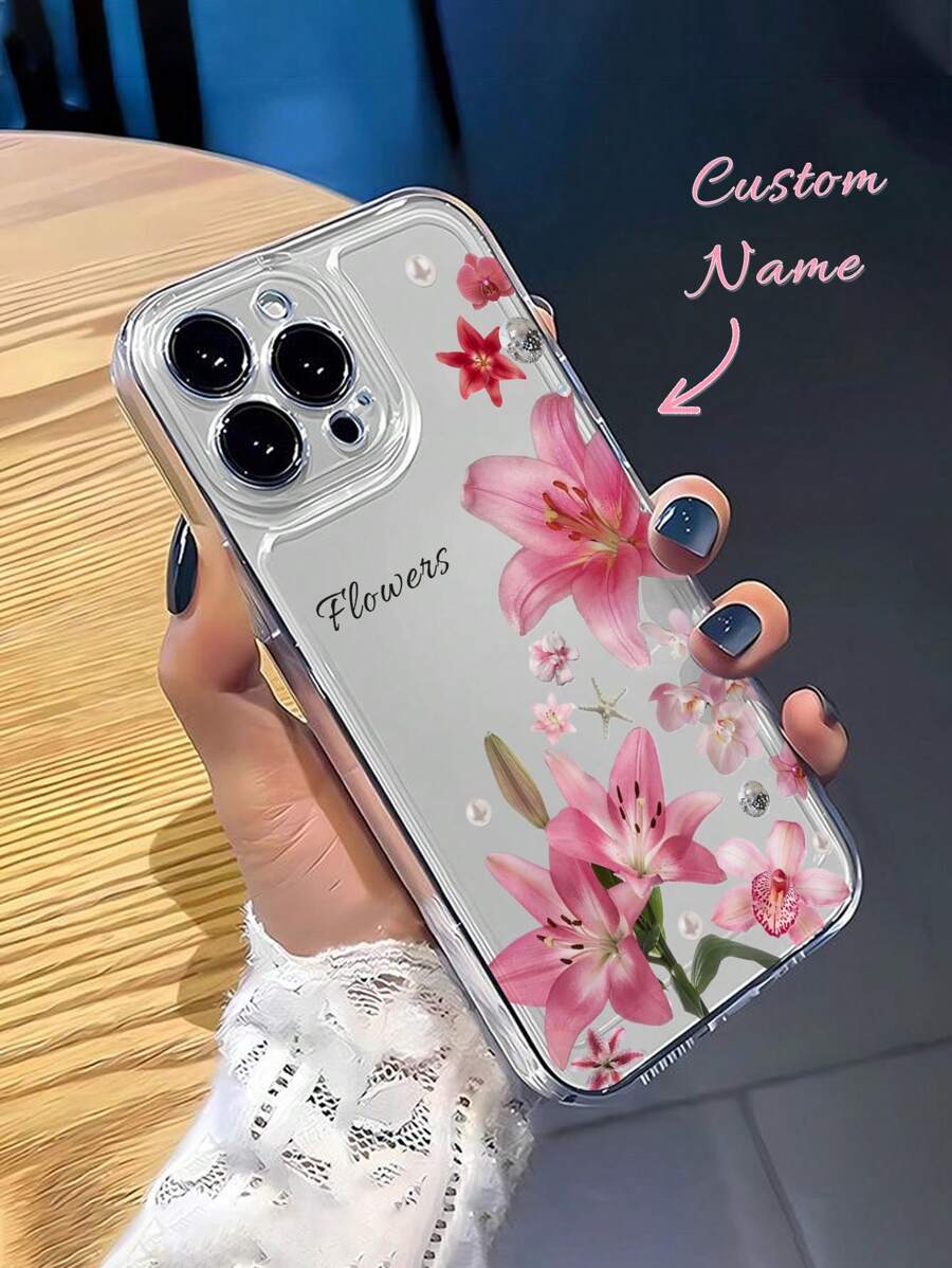 1 Stück kundenspezifische rosa Lilie, Orchideen Blume, Perle, Seestern Muster vollen Schutz Anti-Rutsch transparentes TPU Handyhülle kompatibel mit iPhone 16 Pro Max, 15, 14 Plus, 13 Pro, 12 Pro Max, 11, Xs Max, 8, 7