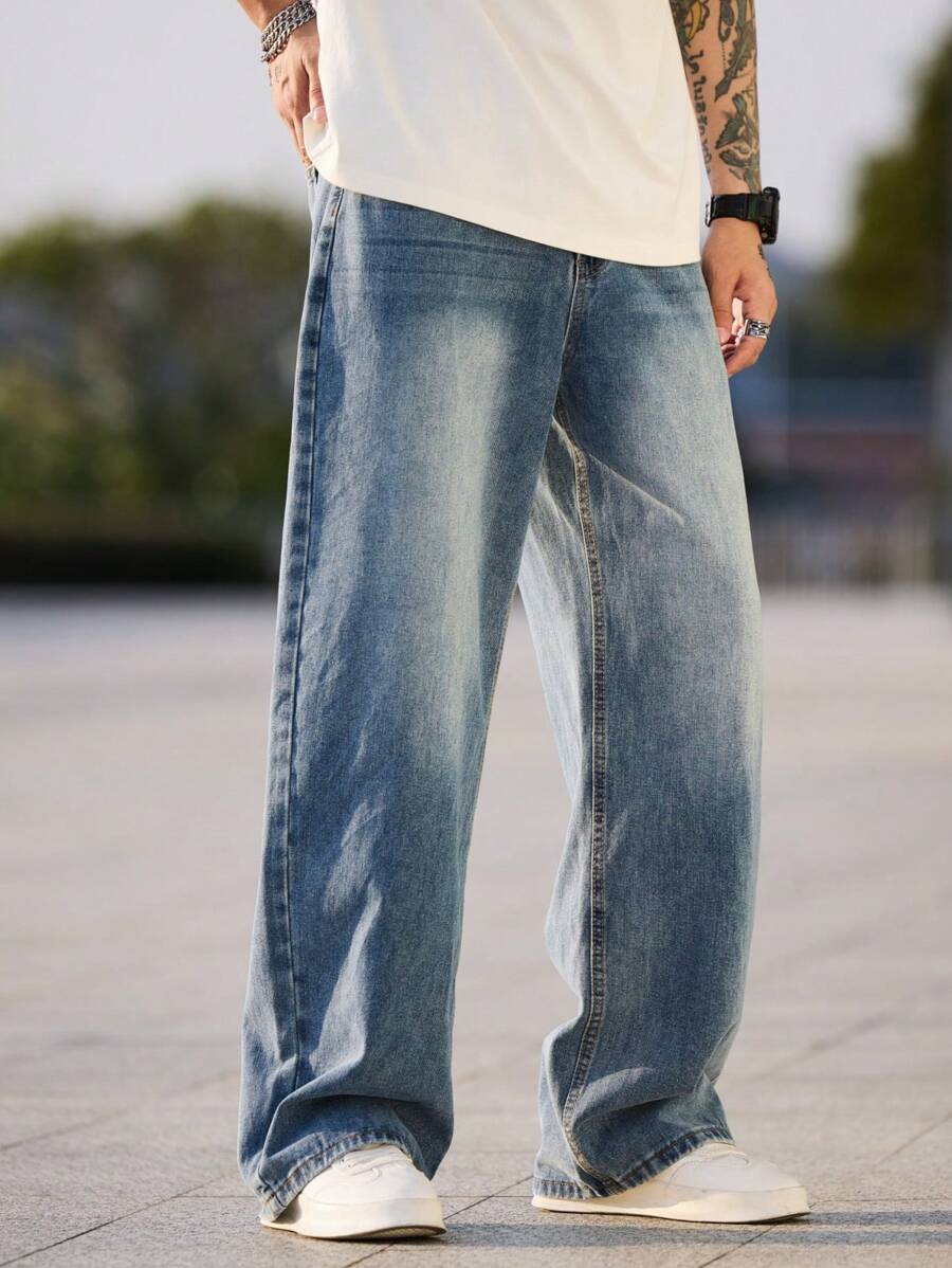 1 pieza Pantalones vaqueros sueltos con pierna ancha de estilo retro americano versátil para hombre, pantalones casuales lavados de ajuste relajado