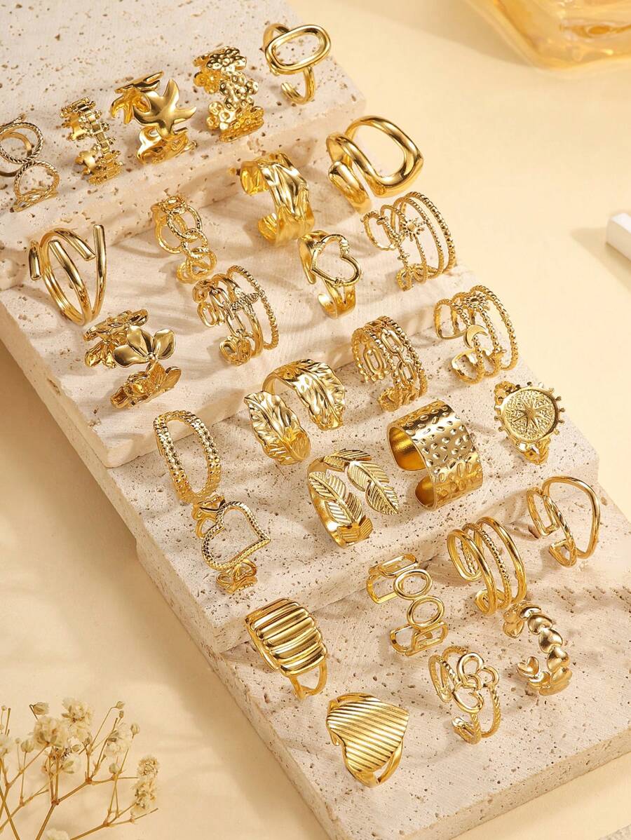 6/16/12/24 pièces Ensemble d'anneaux géométriques de haute qualité en acier inoxydable doré, styles aléatoires expédiés, taille ajustable, convient pour la décoration quotidienne ou en cadeau pour femmes