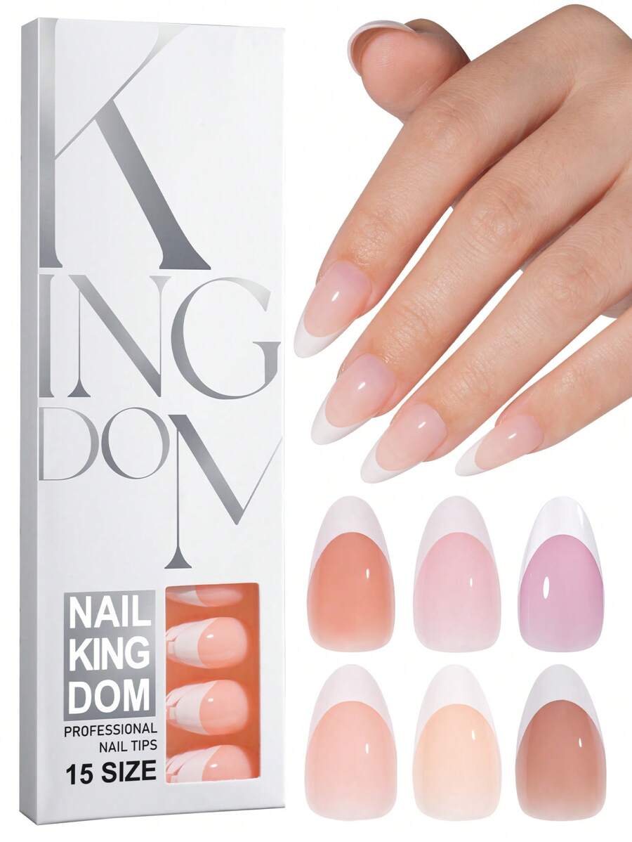 Nail Kingdom 120 piezas/caja Uñas postizas blancas francesas de almendra media, 15 tamaños diferentes. Puntas de uñas falsas profesionales previamente imprimadas con un recubrimiento superior 3 en 1 de gel suave para manualidades de manicura DIY