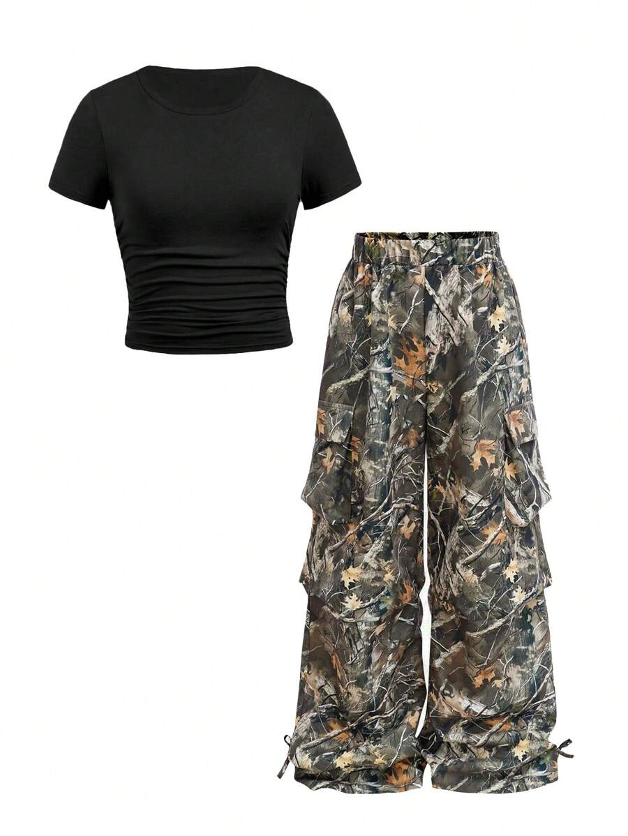 2pcs/Set Tween Girls Casual Solid Color Round Neck T-Shirt And Printed Relaxed Pocket Pants Set, Summer