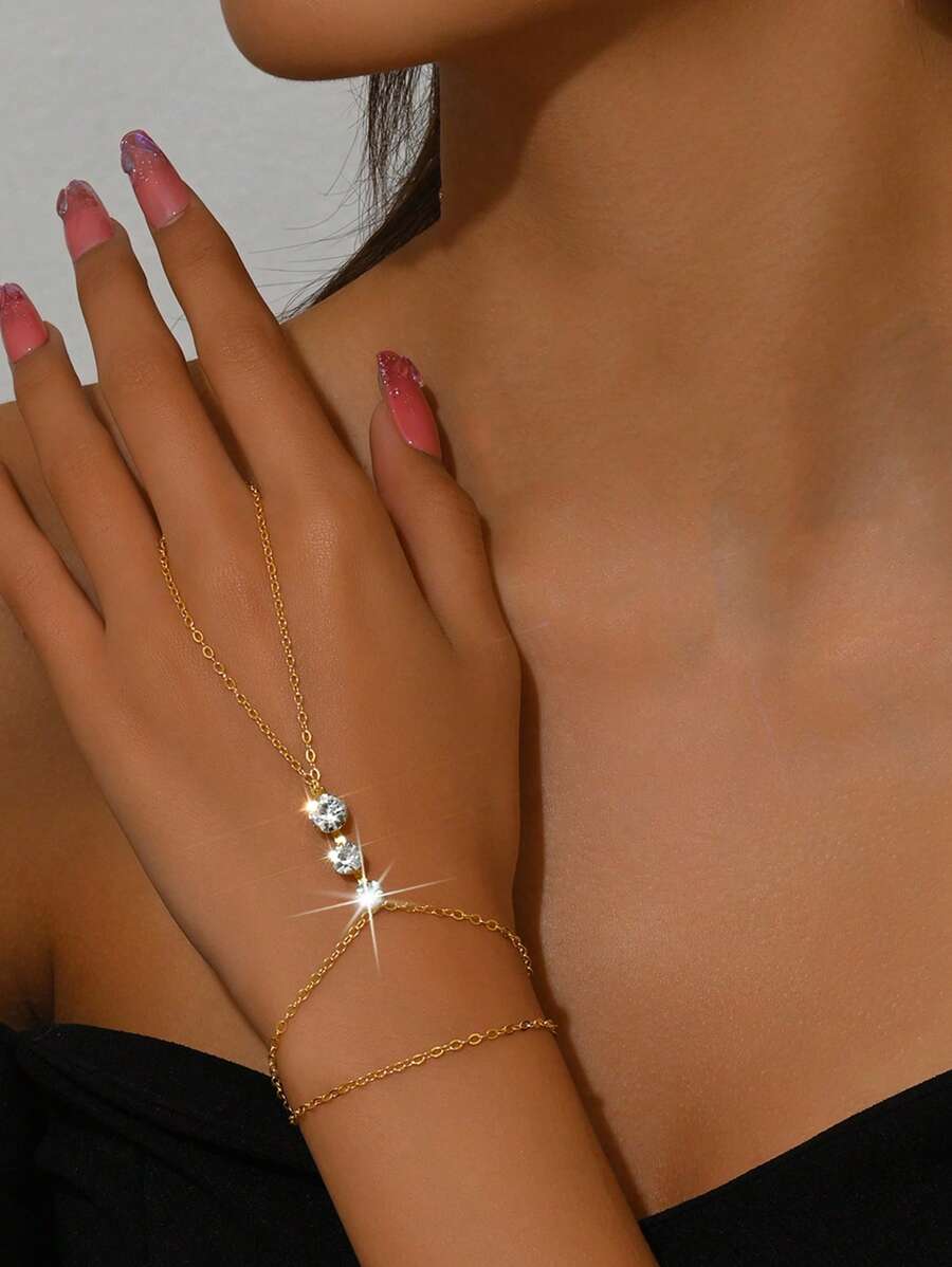 1pc Stylish Simple Silver-Color Rhinestone Full Finger Chain Bracelet