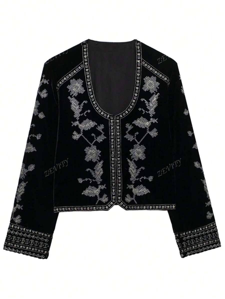 ZEVITY Women's Elegant Floral Embroidery Velvet Jacket, Autumn/Winter