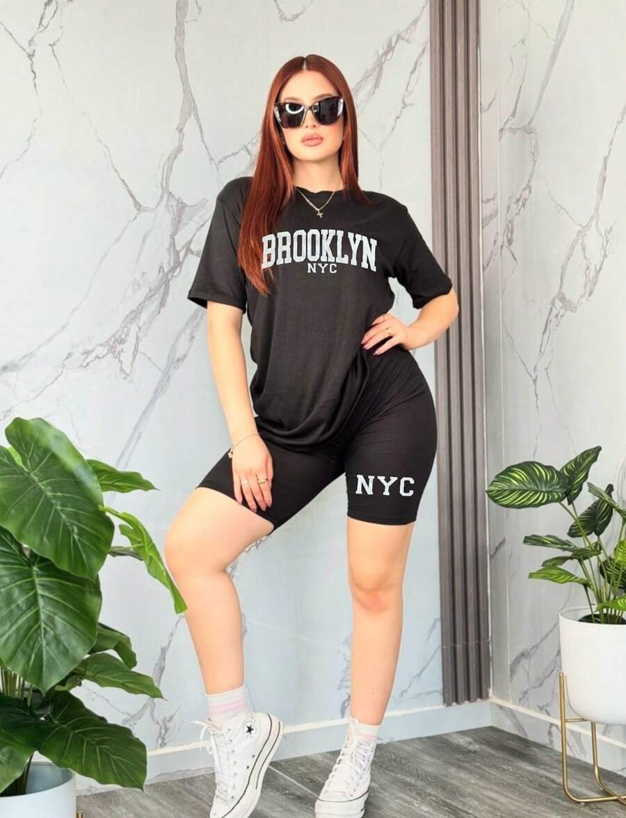MHG Conjunto deportivo 2 Piezas con estampado de letras Brooklyn NYC oversize, casual y fresco de camiseta de manga corta de cuello redondo mangas y hombros caidos y pantalones cortos shorts biker de unicolor para mujer, tela transpirable y fresca excelente opción para estar en casa, en calle, ir al gimnasio gym, jardín, entrenamientos y actividades diarias y mas - Comodidad, estilo y modernidad en un solo conjunto