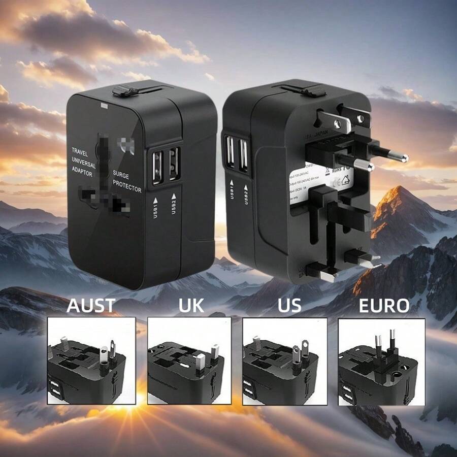 1 szt. Uniwersalny adapter podróżny, 2 porty USB, zasilacz sieciowy dla podróżujących na całym świecie, do Australii, USA, Wielkiej Brytanii i UE