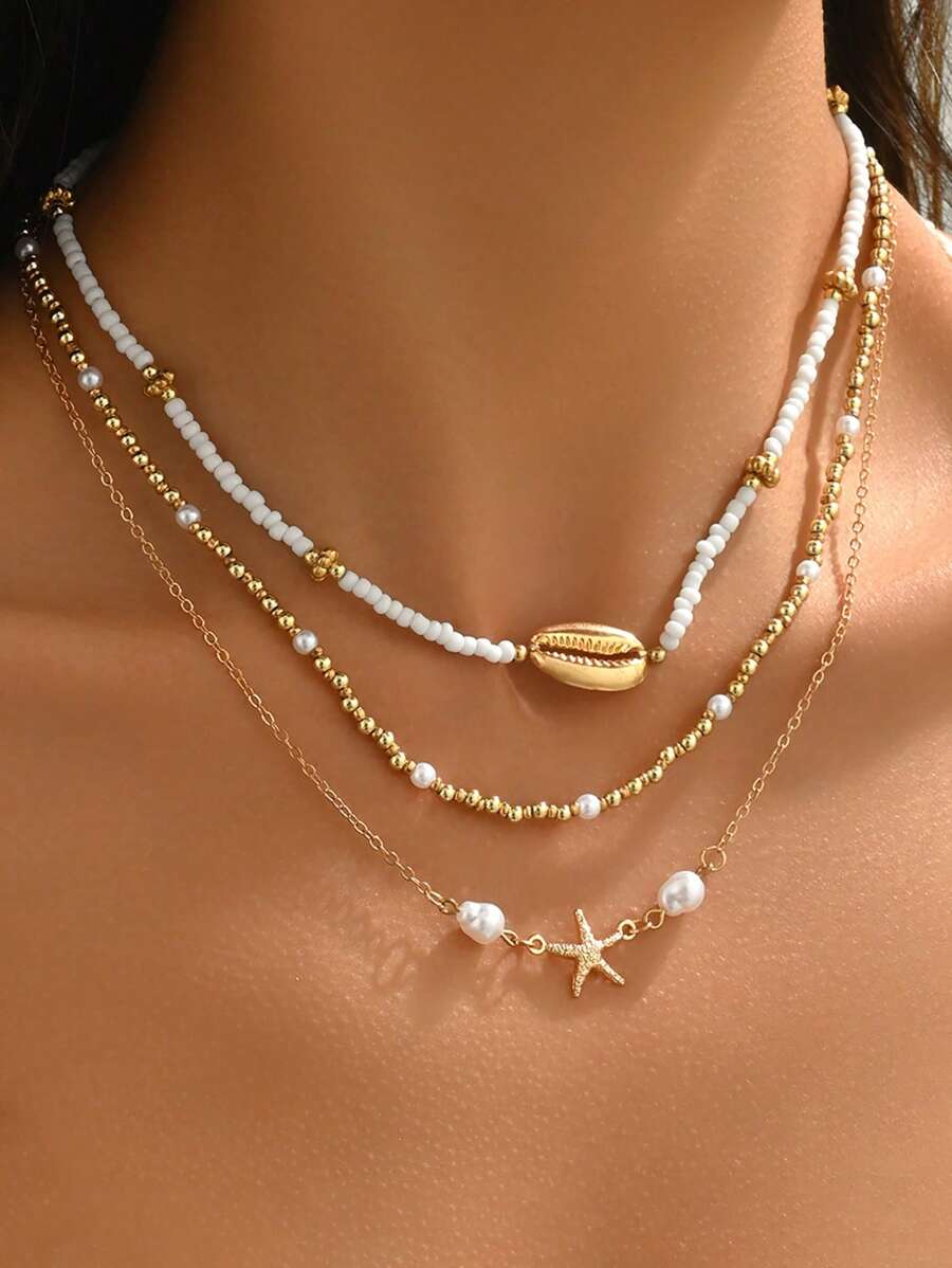 Set de 3 collares largos multienlace con cuentas de vidrio bohemias, conchas metálicas y colgante de estrella de mar, adecuados para usar en vacaciones en la playa por mujeres