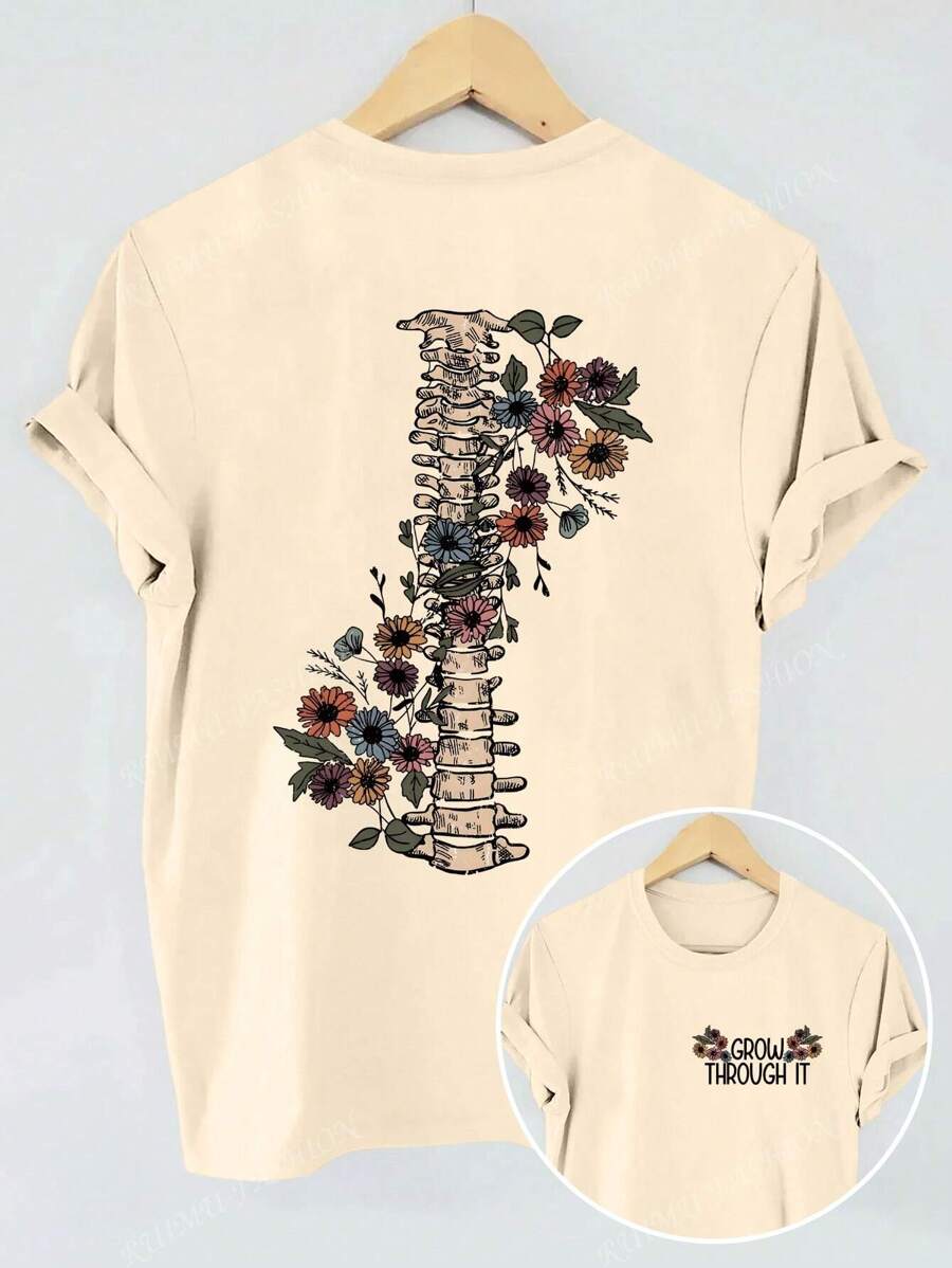 Maglietta da donna con stampa motivazionale di fiore e scheletro, maglietta semplice e casual, a maniche corte, girocollo, di colore unito, adatta all'uso quotidiano