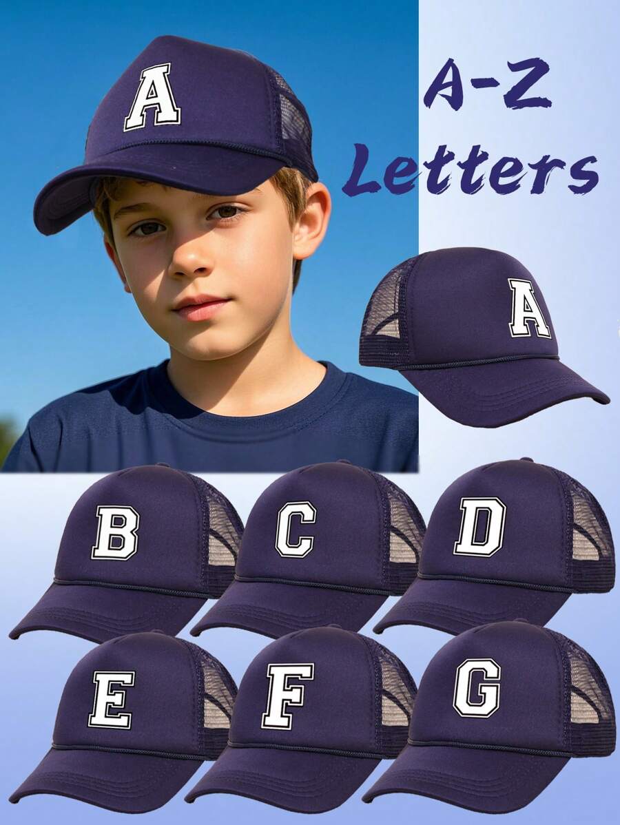 1pc Kids Spring/Summer 26 Alphabet Letter Print Baseball Cap With Drawstring, Mesh Breathable Sunshade Truck Driver Hat For Boys And Girls, Navy Blue, Outdoor Use, Foam Material