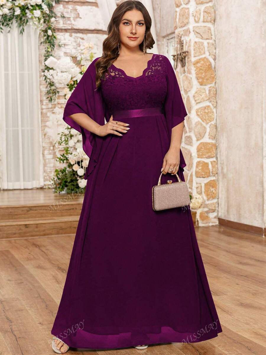 Robe élégante de soirée, de mariage, d'anniversaire, de remise de diplôme, de bal de promo, d'événement formel, avec encolure en V à volants en dentelle florale contrastée et manches à volants en mousseline de soie
