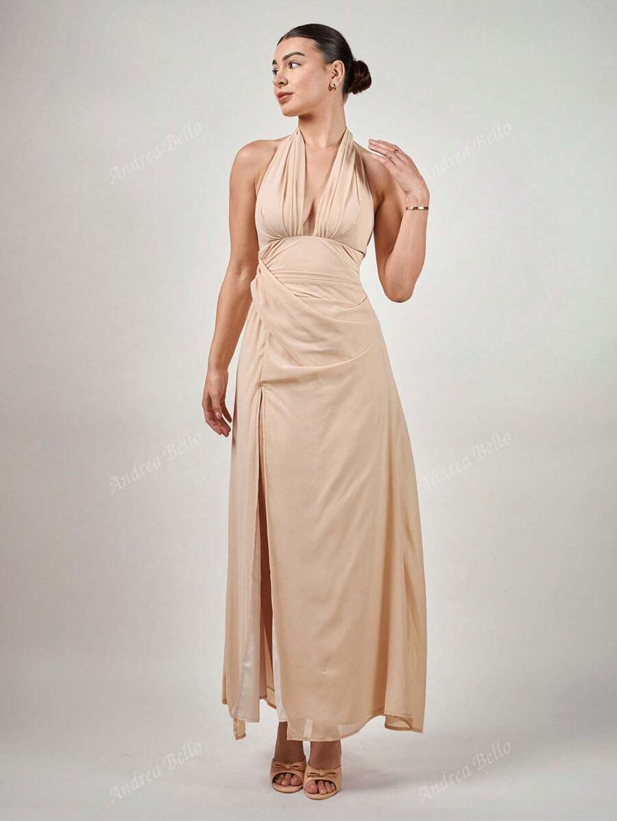 Andrea Bello Robe en mousseline de soie fluide à col V profond et dos nu pour mariage, printemps été