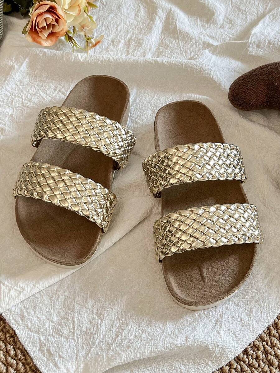1 par de chanclas de verano promoción color marrón tierra, resistentes al desgaste, de moda y sencillas, con suela blanca gruesa, para niñas de 3 a 12 años, adecuadas para uso interior y exterior, con diseño trenzado de doble hebilla dorada