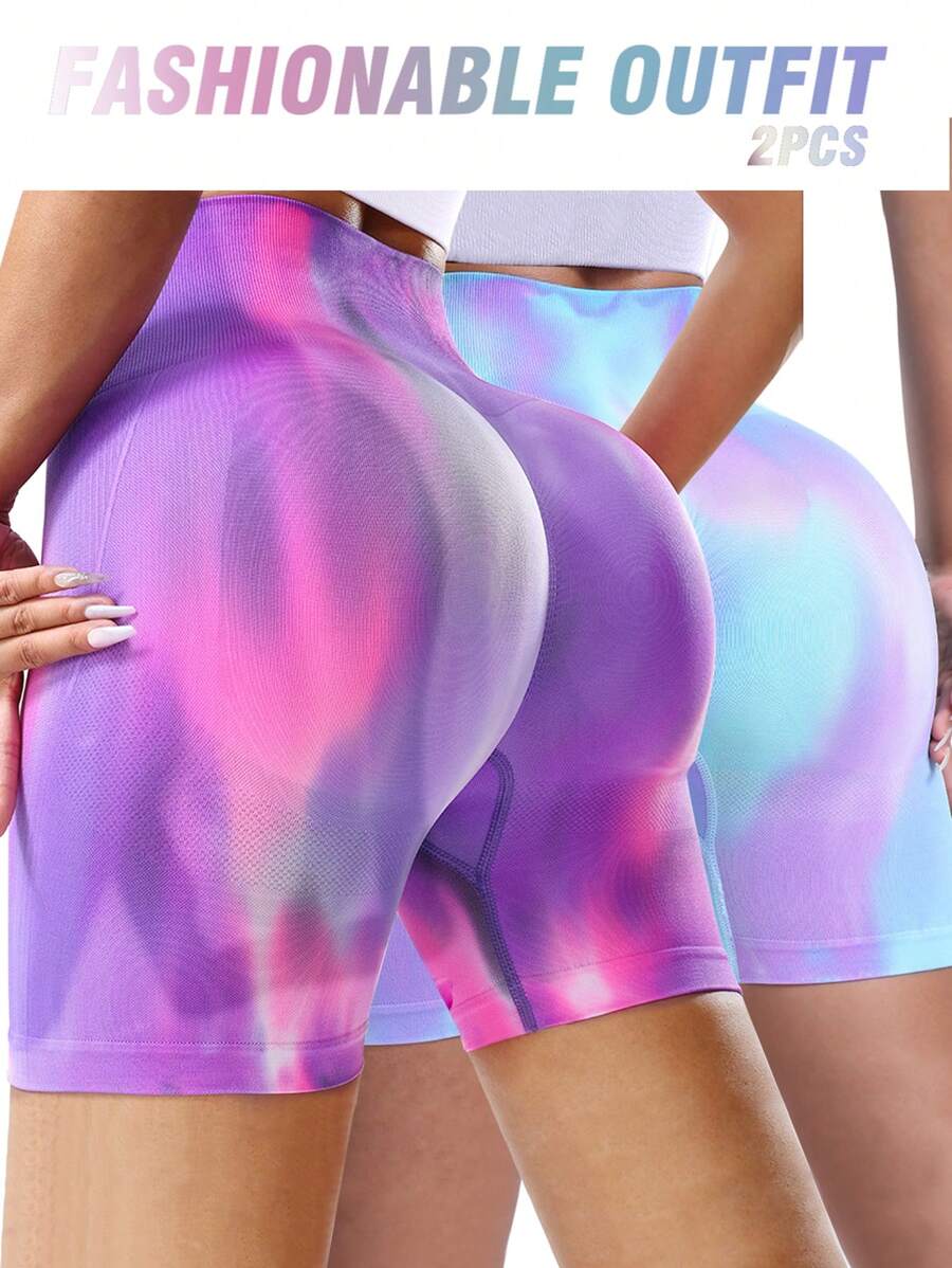 2PCS High Waist Seamless Slimming Sports Shorts , Women's Aurora Butt Lifting Fitness Pants For Running And Yoga, Sport Style