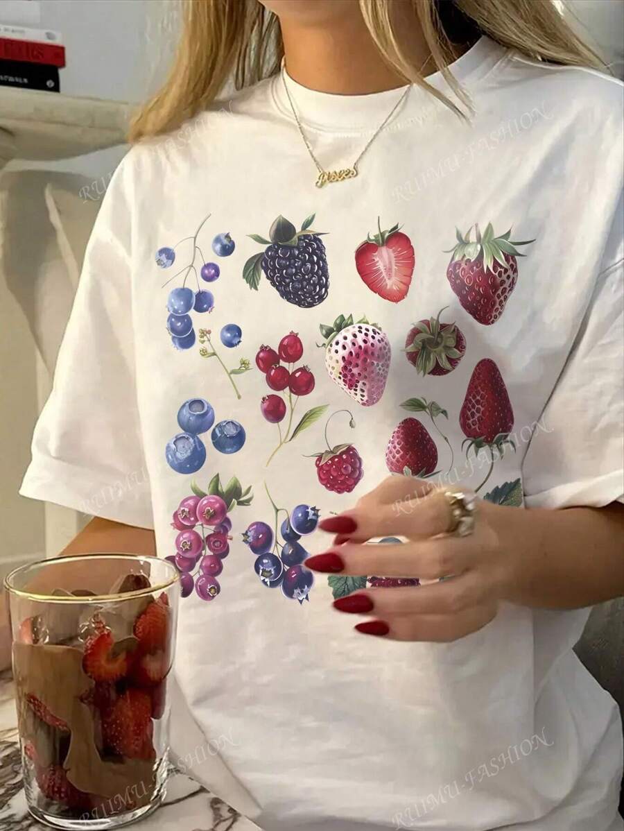 Oversized Casual Retro Strawberry Fruit Print T-shirt, odpowiedni na letnie wakacje na plaży, damska jednokolorowa, okrągła, krótka bluzka z krótkim rękawem, codzienna codzienna