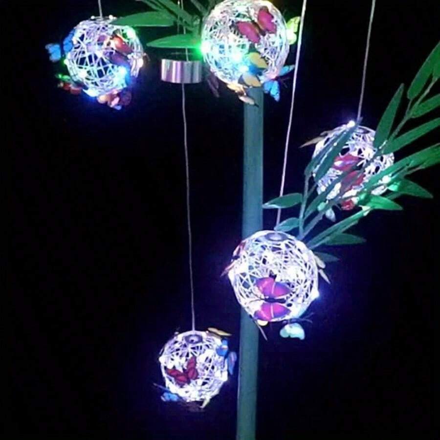 LED Outdoor Garden Hanging Light, Solar Light Ball Light With Butterfly, Waterproof, Woven Light, Garden Decoration, Decorative Night Light, Outdoor Lighting