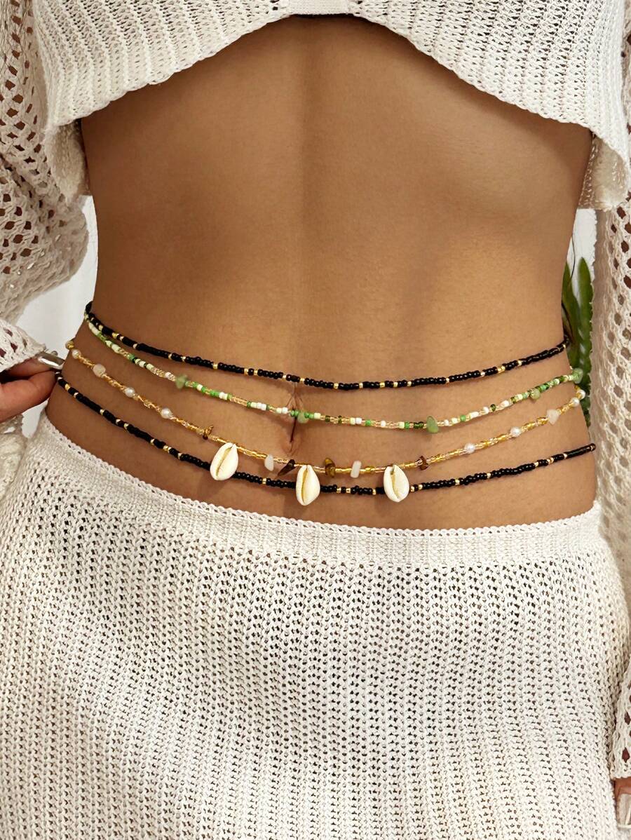 4pcs Shell Beads Layered Bohemian Rustic Body Jewelry Chain, Women Body Waist Chain Necklace