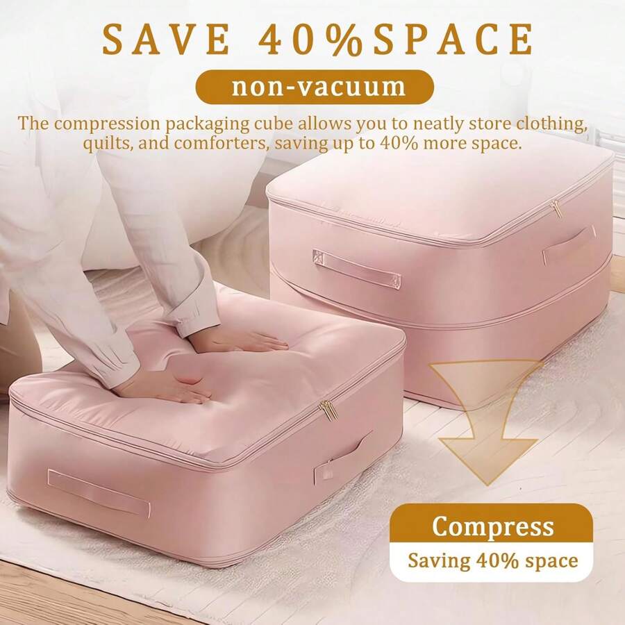 Ultra Space Saving Self Compression Organizer Extra Large Jumbo Zippered Storage Bag For Closet King Comforter, Pillow, Quilt, Bedding, Clothes, Blanket Organizers Carry Handles Can Be Compressed Storage And Organization Moving Bags Pink/Beige/Blue Bag For School School Accessories School Stuff