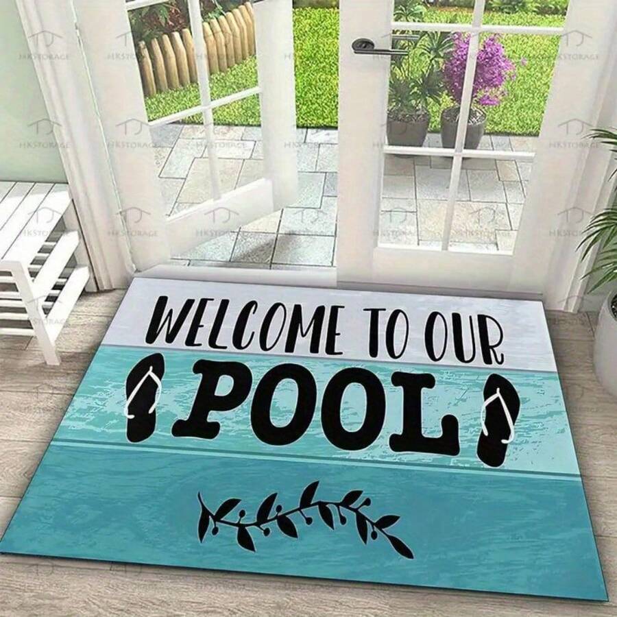 1pc 16"*24" 18"*30" Polyester Welcome Mat - Non-Slip, Machine Washable Doormat For Pool Area, Summer Home Decor - "Welcome To Our Pool" Flip Flop Design, Indoor/ Outdoor Use, Rectangular Shape
