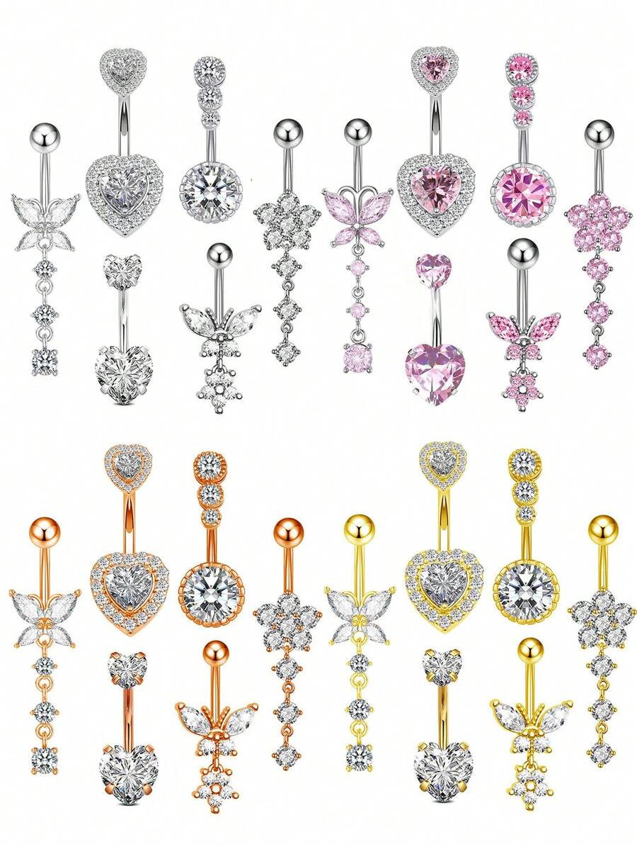 6pcs Stainless Steel Body Piercing Kit, With Flower, Butterfly, Heart Shaped Cubic Zirconia Navel Rings For Women