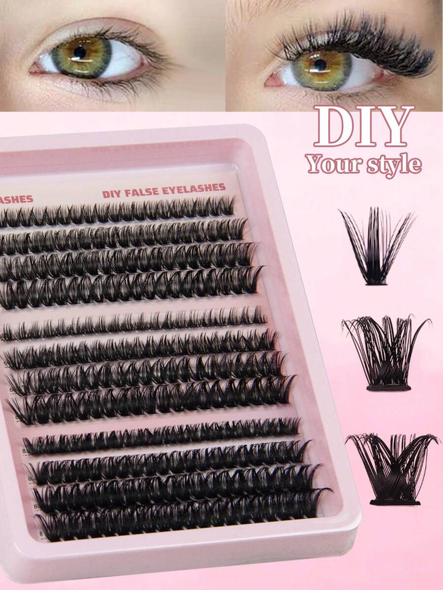 Deluxe DIY 50D+60D+80D Thick False Eyelashes, 8-14mm Length, 12 Rows Highly Dense Clusters For Beginners, Natural Curly Lash Extensions Set