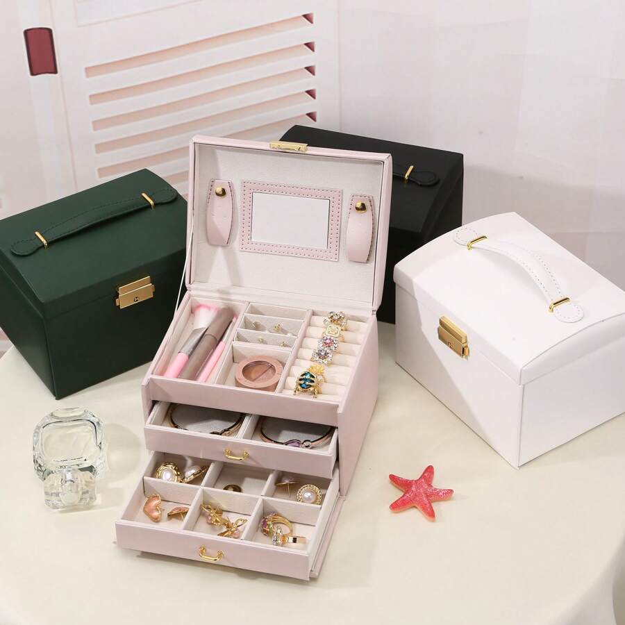 1pc Luxury Leather 3-Drawer Jewelry Box, Travel Carrying Jewelry Organizer For Earrings, Necklaces & Other Accessories With Lock