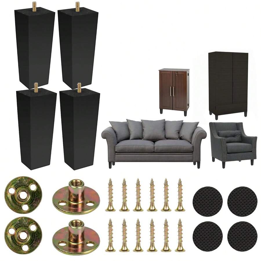 4-Piece Set Of Wooden Furniture Legs - Square Sofa Legs, Couch Legs - Black Mid-Century Modern Armchair Lounge Coffee Table Dresser Replacement Legs (2.36, 3.94, 5.9 Inch)