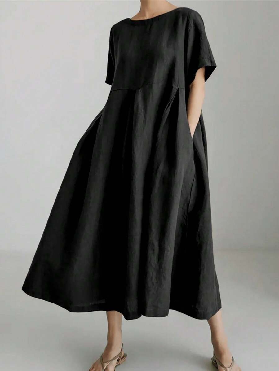 Women's Elegant Simple Loose Comfortable Linen Dress, Round Neck Short Sleeve Pocket Solid Color Maxi Linen Dress, Spring/Summer