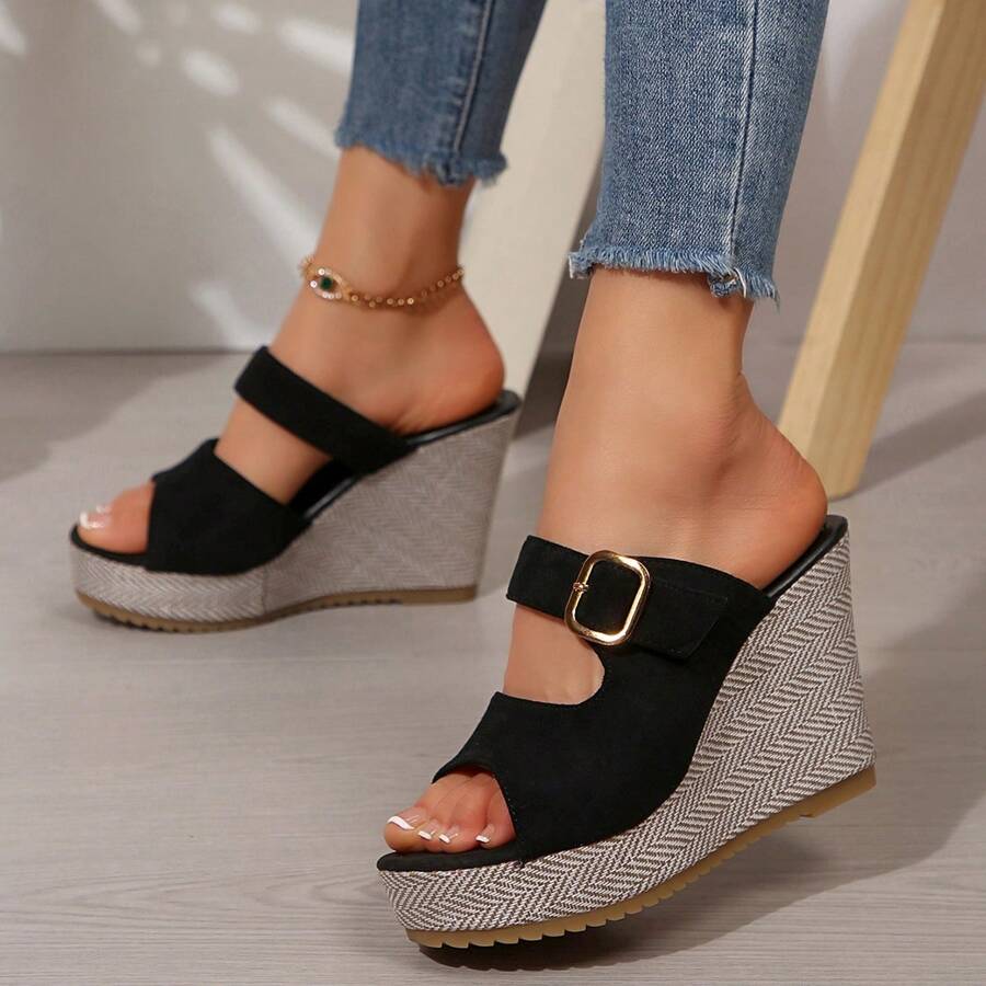 Women's Platform Sandals Fashion Hollow-Out Buckle Closure Wedge Heel Beach Outdoor Summer Straw Woven Bottom Shoes