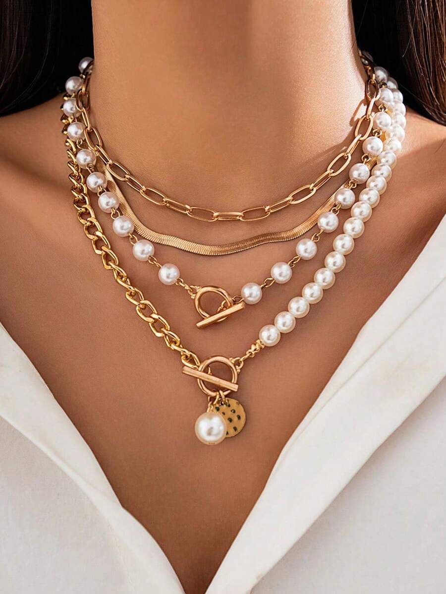 4 pièces Set Collier et Bracelet Chaîne Dorée Élégante Décorés avec Perles Imitation - Bijoux en Métal Polyvalents Conviennent pour un Port Quotidien