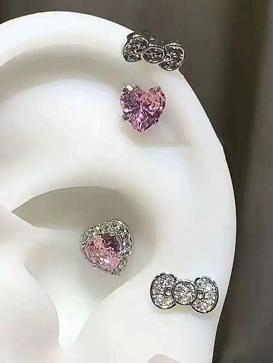 1pc Cute Butterfly Horseshoe Pink Heart Zirconia Titanium Earring Stud For Women, 1.2mm Thickness, Fashion Jewelry Gift