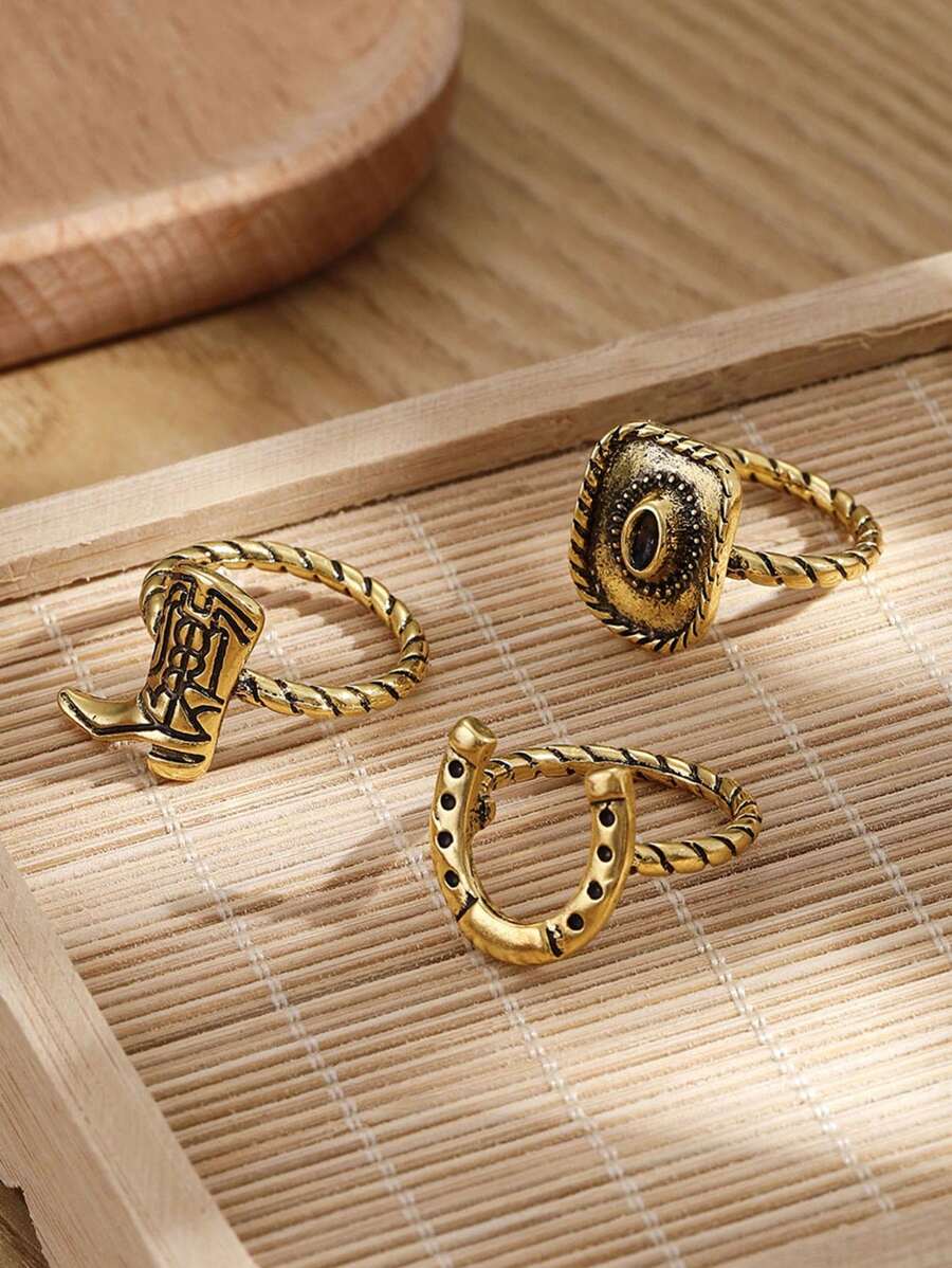 3pcs Set: Vintage Horseshoe Boots, Hat, And Ring, Antique Gold Metal Material, Western Cowboy Style Suitable For Men And Women Everyday Wear