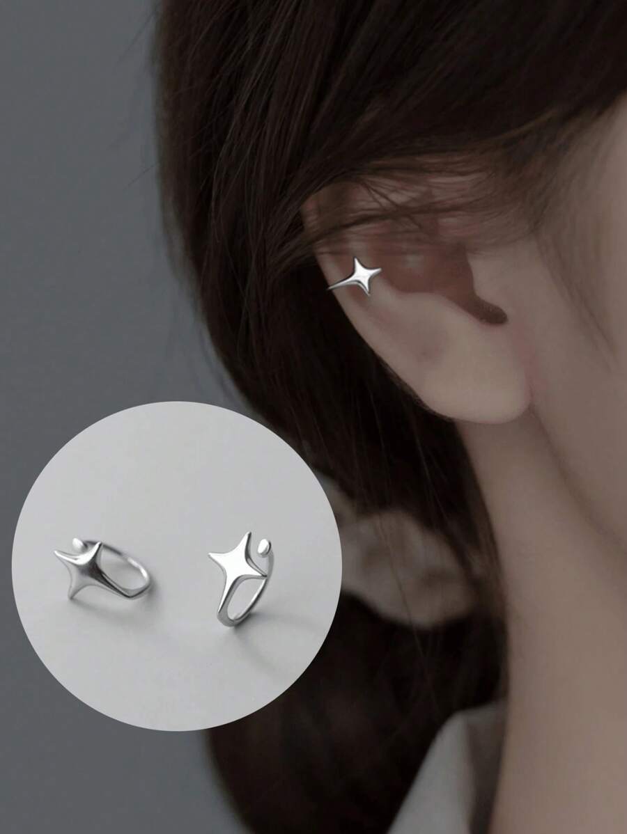 1 Pair Simple Smooth Cross Star Clip-On Earrings, No Piercing Required Four-Pointed Star Earrings, Fashionable And Jewelry For Girls, Suitable For Daily, Festival Or Party Occasions