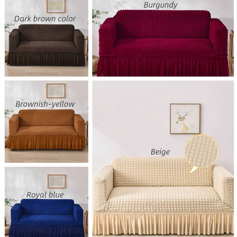 1pc Solid Color Bubble Chiffon Skirt Style Sofa Cover, Non-Slip Breathable Stretchy Sofa Slipcover, Dust-Proof Furniture Protector, Pet Friendly For Bedroom, Office, Living Room Decor