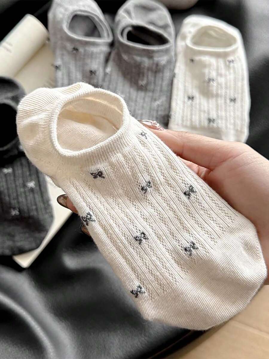 4 paia di calzini da donna leggeri con fiocco, calzini invisibili, comodi, traspiranti e antiscivolo, nei colori bianco, nero e grigio, adatti per la primavera e l'estate
