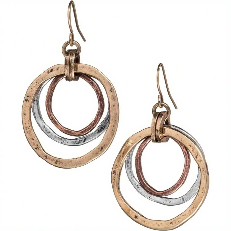 Handmade Sunrise Three Color Dangle Drop Earrings - Polished Circle, Copper, Brass And Silver Plated