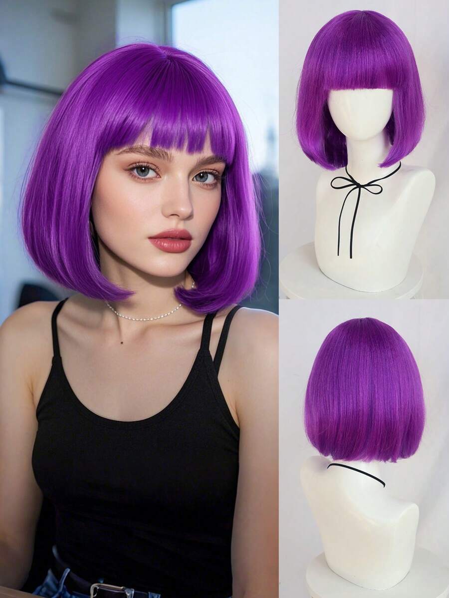 Pelucas de estilo clásico con flequillo liso y adorable para mujer, en colores azul, rojo, rosa, rubio, lavanda y morado, ideales para uso diario, fiestas o Halloween