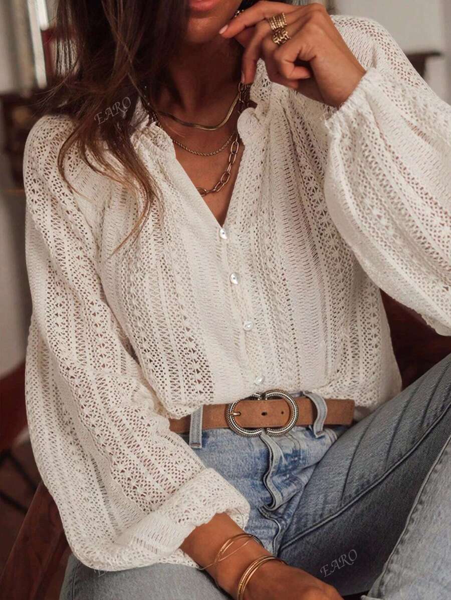 Women's Single Breasted Long Sleeve V-Neck Blouse, Loose Fit Versatile Elegant Shirt