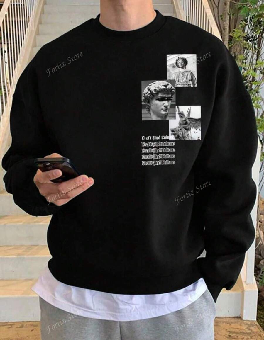 Sudadera de manga larga con estampado de 3 estatuas - Cuello redondo cómodo, ideal para deportes al aire libre, estilo para todas las estaciones