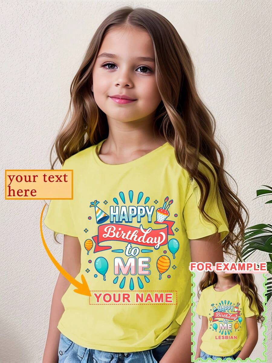 Customizable "Happy Birthday To Me" Design Print Party Hat, Cake, Girls Creative Print Fashion T-Shirt, Girls Short Sleeve Sports Top, Fast Shipping, Yellow