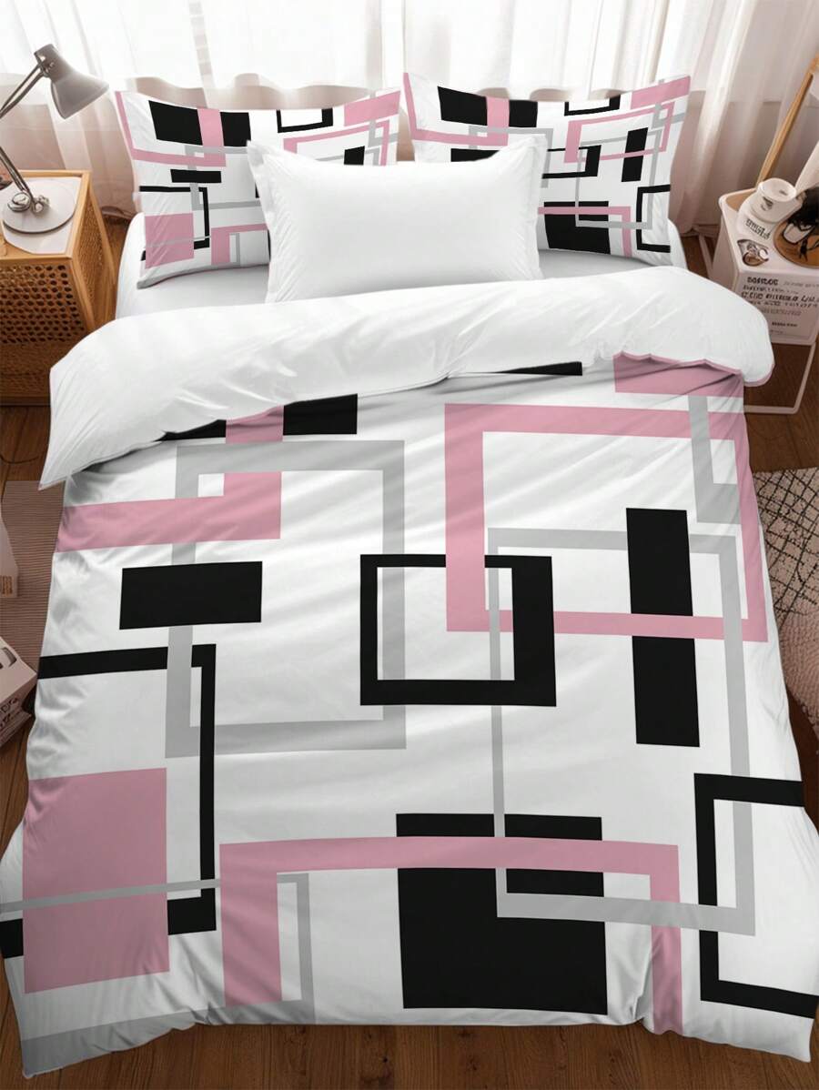 3PCS Geometric Pattern Black Gray Printed Duvet Cover Set (1*Duvet Cover + 2*Pillowcase, Without Core)- Lightweight Breathable Bedding Set For Bedroom & Dorm Room With Geometric Print, Comfortable Coverlet & Bedspread - Easy Care, Hypoallergenic, And Gentle On Skin