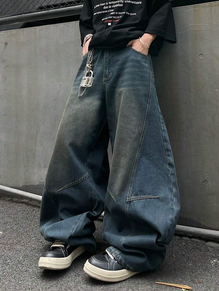 1 pieza Jeans rectos con diseño de parches y lavado vintage desgastado de ajuste holgado para hombre (El producto no incluye cinturón ni accesorios), estilo emo