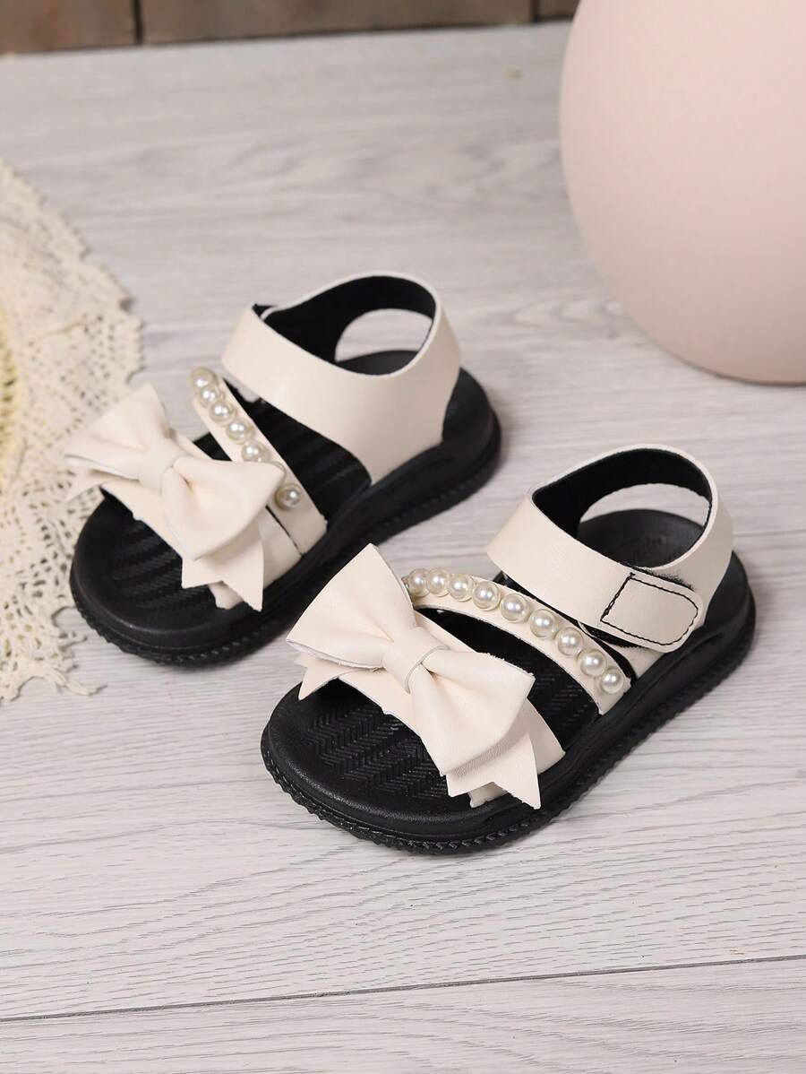 1 Paar Mädchen Perlen-Schleifen-Dekor PU-Leder offene Zehenspitze weiche Sohle lässige Modeschuhe Sandalen, geeignet für den Sommer