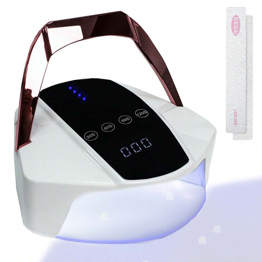 Lámpara UV recargable de 96 W con 2 limas de uñas, lámpara LED inalámbrica con asa portátil, lámpara UV de curado profesional para esmalte de uñas en gel, sensor infrarrojo automático y 4 temporizadores, batería de litio integrada de 15600 mAh, 3 horas de carga, 10 horas de uso.