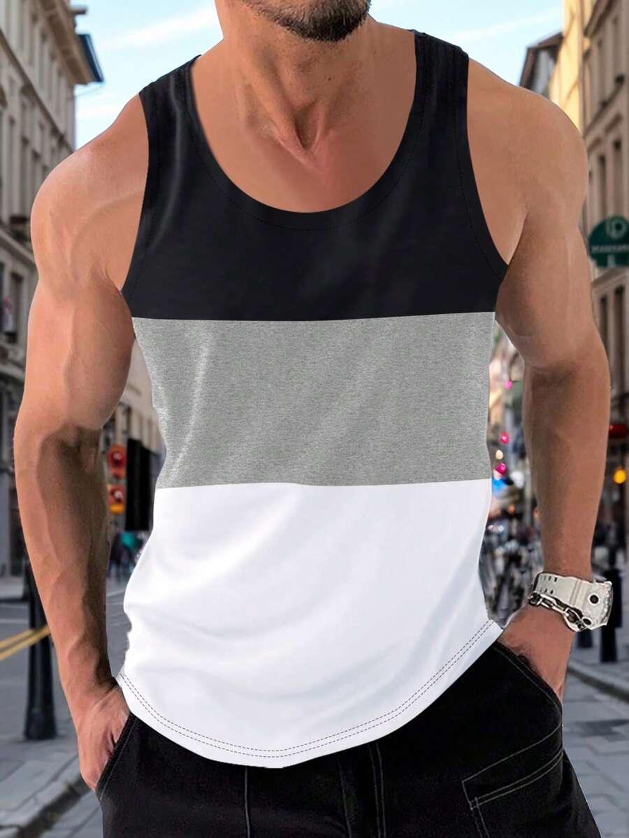 Regata Masculina de Verão com Blocos de Cor, Camiseta Básica Casual para Academia, Fitness, Fisiculturismo, Esportes, Corrida, Treino, Exterior
